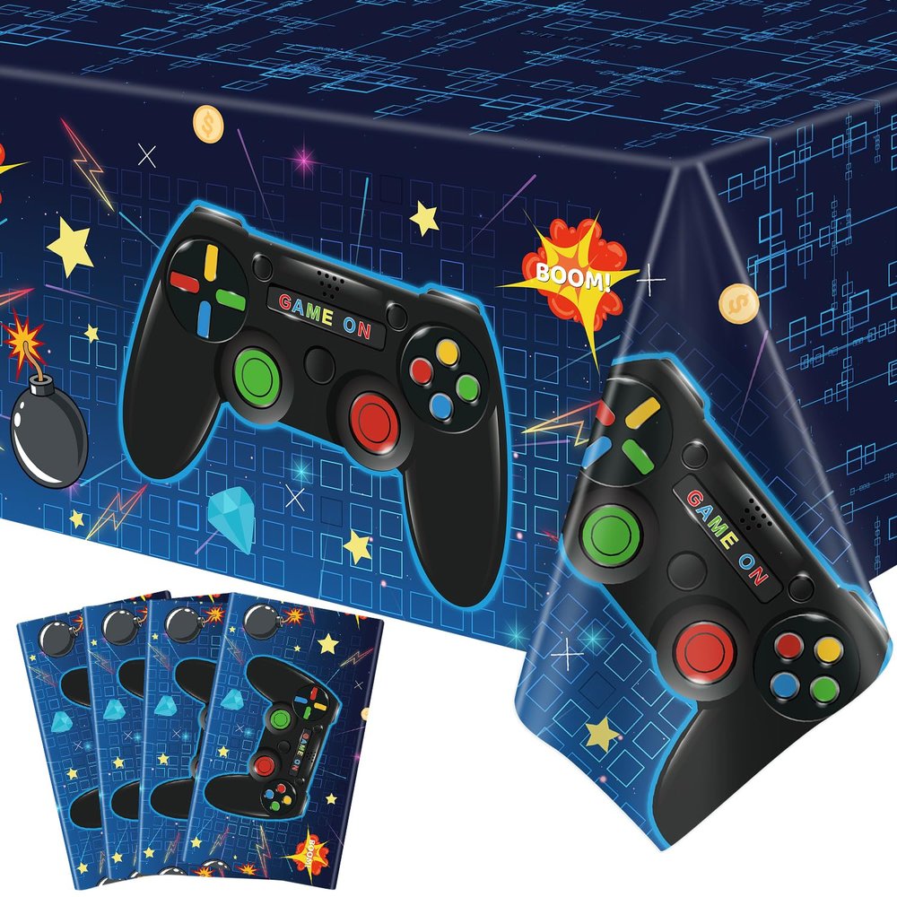 4 Pack Video Game Tablecloth Video Game Birthday Decoration Gaming Birthday Party Supplies 86 x 51 Rectangle Plastic Game party Table Cover for Kids Boys Girls Video Game Party Decorations Favors