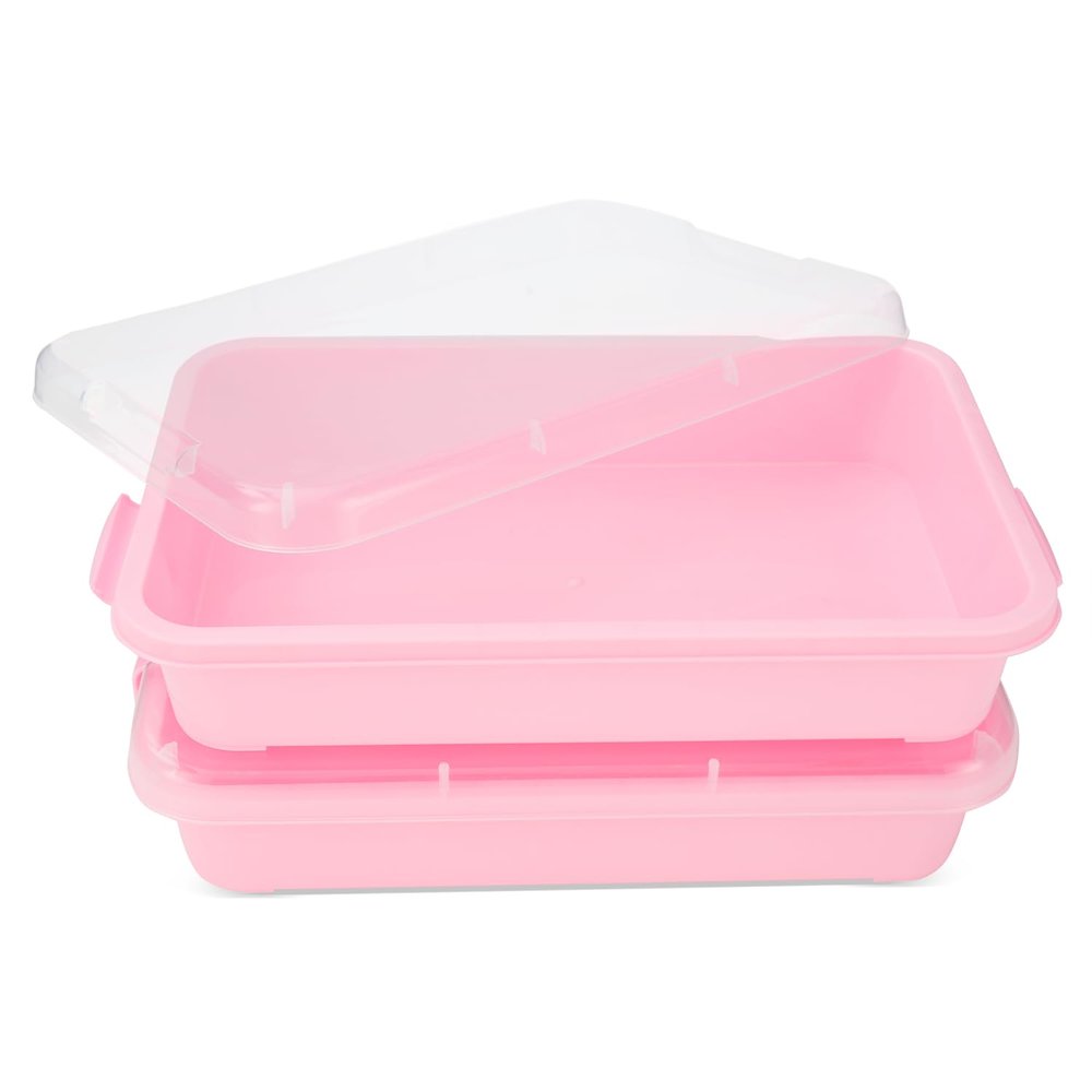 AtMini Sensory Bin Sand Tray with Lid for Toddlers 2 Pcs 15in Portable Sandbox Toy Large Plastic Tray for Kids 3 4 5 6 Fill with Sand, Water, Beads, and More (2 Pink)