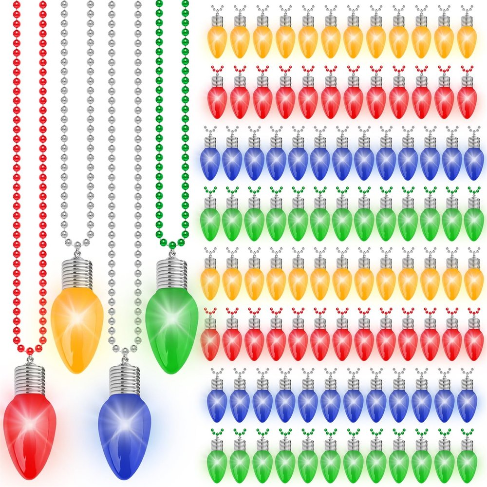 100PCS Christmas Light Necklace Light Up, 3 Light Modes Colorful Bulbs Glow Bead Chain, Festive Xmas Accessories Christmas Light Necklaces, Ugly Sweater Holiday Party Supplies Xmas Theme Decor