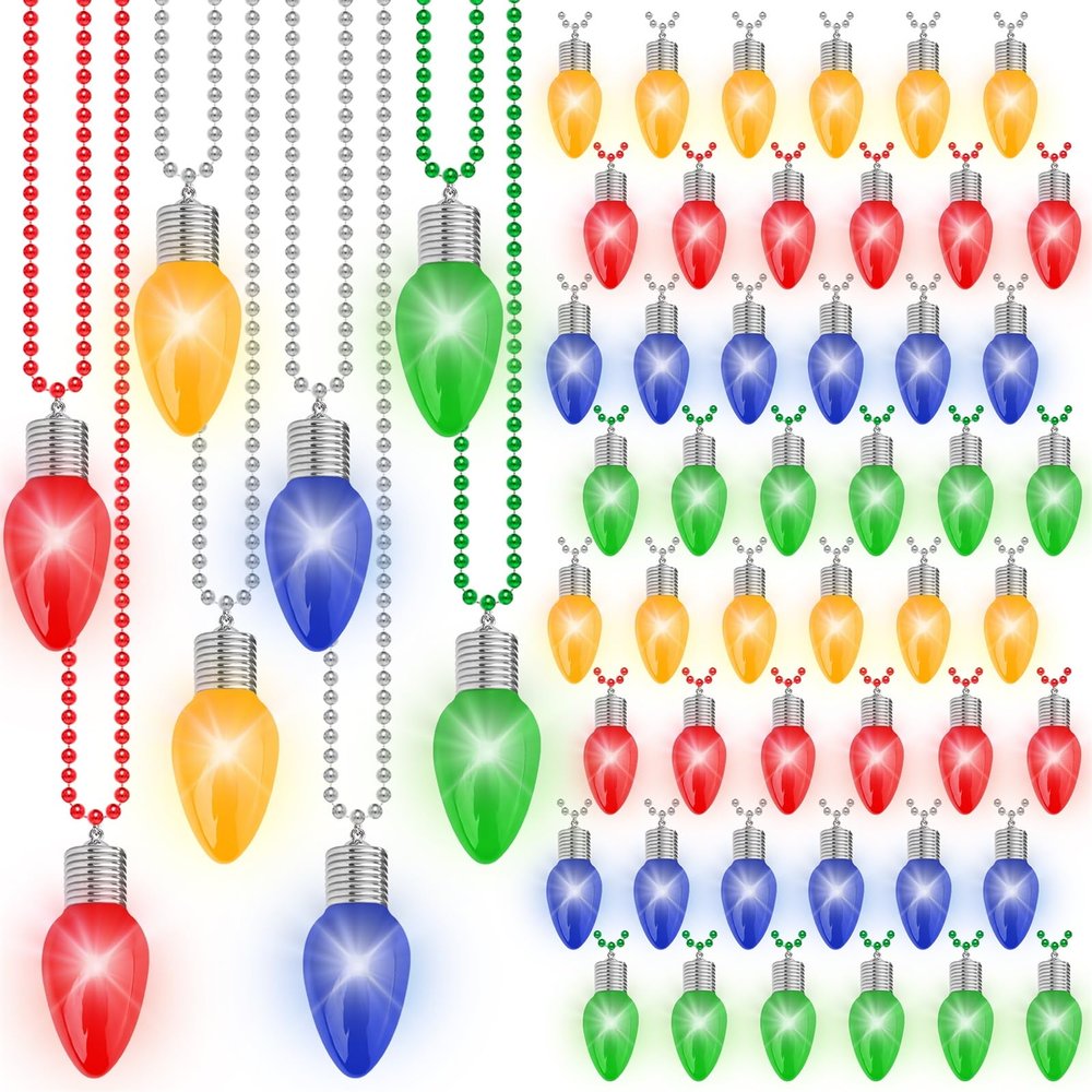 48PCS Light Up Christmas Necklaces, 3 Lighting Modes Festive Xmas Accessories, 4 Vibrant Colors Lights Bead Chain, Christmas Party Favors Necklaces for Holiday Celebrations New Year Decorative