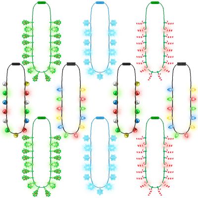 10 PCS Light Up Christmas Necklaces, 3 Modes Twinkle Flash Steady Colorful Christmas Accessories with 6 LED Bulbs, 6 Styles Xmas Party Favors for Snowflake Bell Cane Tree Holiday Party Decorations Supplies
