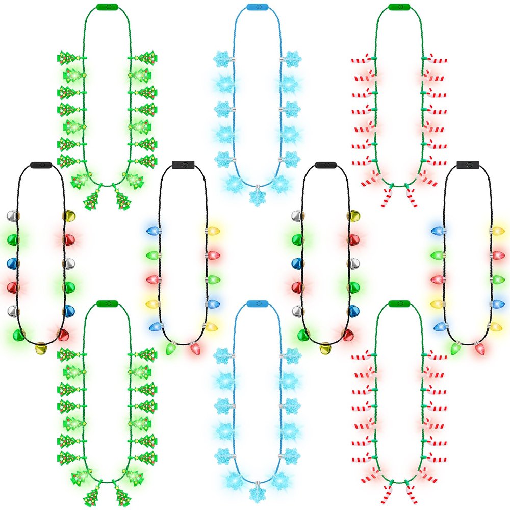 10 PCS Light Up Christmas Necklaces, 3 Modes Twinkle Flash Steady Colorful Christmas Accessories with 6 LED Bulbs, 6 Styles Xmas Party Favors for Snowflake Bell Cane Tree Holiday Party Decorations Supplies