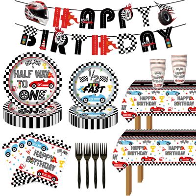 117pcs Vintage Racing Car Half Way to First Birthday Party Decorations, 1/2 Way to One Checkered Plates Napkins Cups Banner Racing Tablecloths for Boys Race Car Theme 6 Months Party Supplies