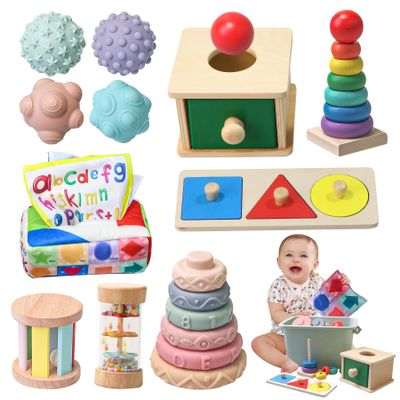 Montessori Toys for Babies 6-12 Months,1 Year Old,8 in 1 Learning Educational Set Wooden Sensory Toys for Baby Toys 12-18 Months (Includes Tissue Box Toy,Rainmaker and More)