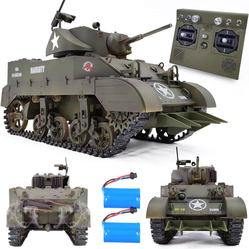 Ssccgym Remote Control Light Tank US M5A1 Stuart Tank 1/16 War RC Military Vehicle Simulation Smoke Barrel Lifting/Turret Rotation 360 Degrees/NO-Shooting/Collection Model