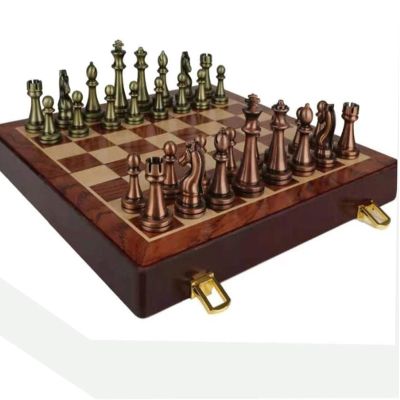 FGDIUCVN Folding Travel Wooden Chess Set Portable Checkerboard with Storage Slots and Alloy Chesspieces, Beginner Chess Set for Kids and Adults, Medium