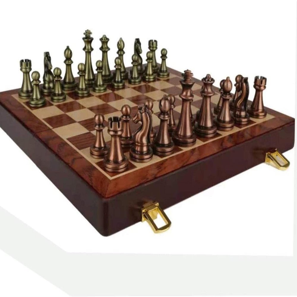 FGDIUCVN Folding Travel Wooden Chess Set Portable Checkerboard with Storage Slots and Alloy Chesspieces, Beginner Chess Set for Kids and Adults, Medium