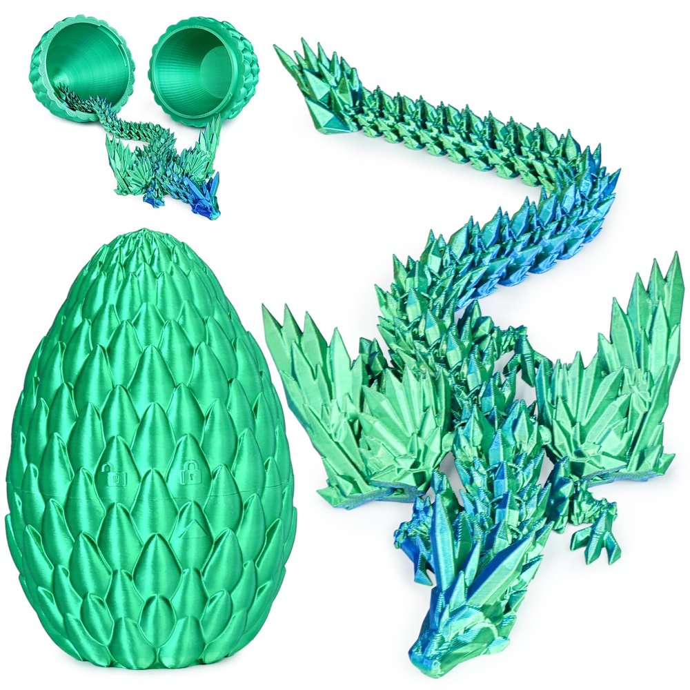 3D Printed Dragon Eggs with Articulated Fly Dragon Inside, Collectible Figurines Fidget Toy for Adults Kids Birthday Easter Christmas White Elephant Gifts for Friends Colleagues(Silk Green, M size)
