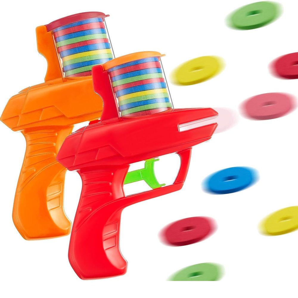 Sumind 2 Pcs Foam Disc Shooter Disc Launcher Zip Shot Shooter Blasters for Birthday Gifts Family Gatherings Games Outside Yard Activities (Red,Orange)
