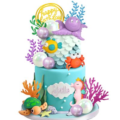 19 PCS Ocean Animal Cake Toppers Sea Animal Cake Toppers Under the Sea Cake Decorations for Sea Ocean Theme Birthday Decorations Supplies (Ocean 2)