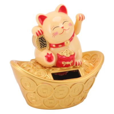 Boxwizard Solar Powered Lucky Cat Ornament Solar Wealth Welcome Waving Hand Fortune Cat Statue for Home Car Dashboard Decoration (MLY23028 Blessing Bag Yellow)