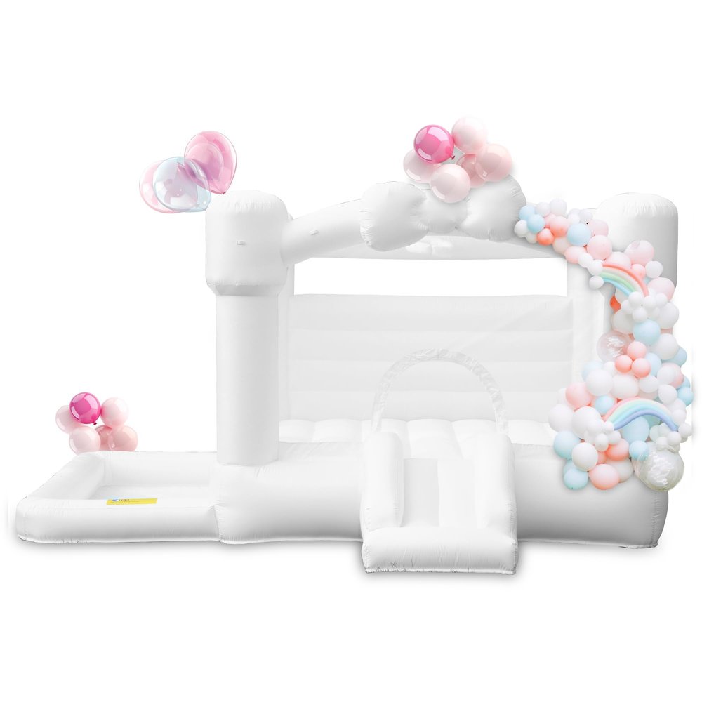 Airmyfun White Bounce House with Air Blower, Inflatable Bouncy House with Slide for Kids Parties,Weddings and Indoor/Outdoor Fun,Wet & Dry Use with Water Pool& Ball Pit