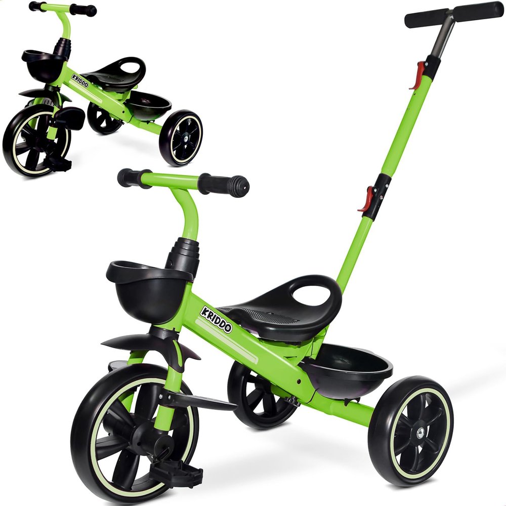 KRIDDO 2-in-1 Toddler Tricycle for Ages 18 Months to 5 Years Old - Extended Push Handle for Effortless Push, Gift Trike for Toddler 3 to 5 Year, Kids Tricycle with Foldable Front Footrest, Green