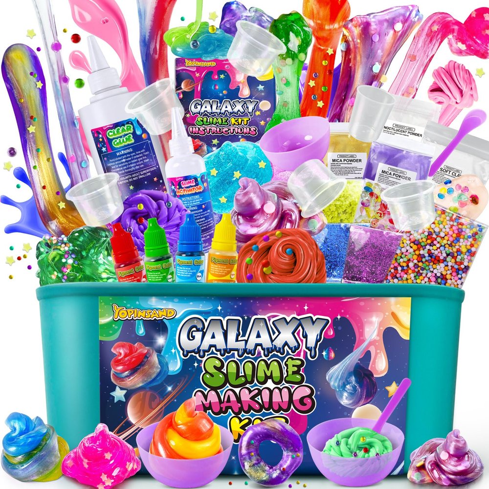 YOPINSAND Galaxy Slime Kit for Girls, DIY Slime Making Kit, Glimmer Crunchy, Butter, Foam, Glow in The Dark Slime with Add-ins, Foam Balls, Charms, Glitters, Party Favors Gift Toys for Kids 3-12