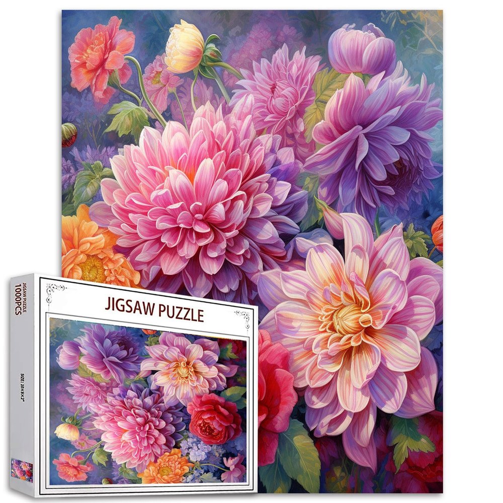 Garden Flowers Jigsaw Puzzles 1000 Pieces for Adults, Families (Dahlias Flowers,Tropical Plants, Leaves) Pieces Fit Together Perfectly 19.7''x27.6''inch Wildflowers Frameable Magic Puzzle ArtRed
