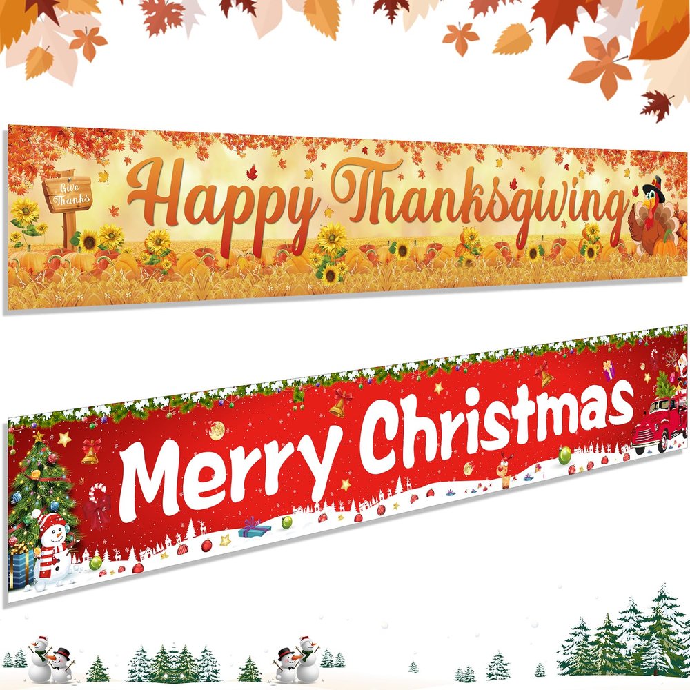 2Pcs Thanksgiving Yard Banner 118" x 19.7" Large Merry Christmas Decor Happy Christmas Thanksgiving Banner Outdoor Thanksgiving Fall Party Banners Decor Christmas Tree Elk Snowflake Hanging Banner