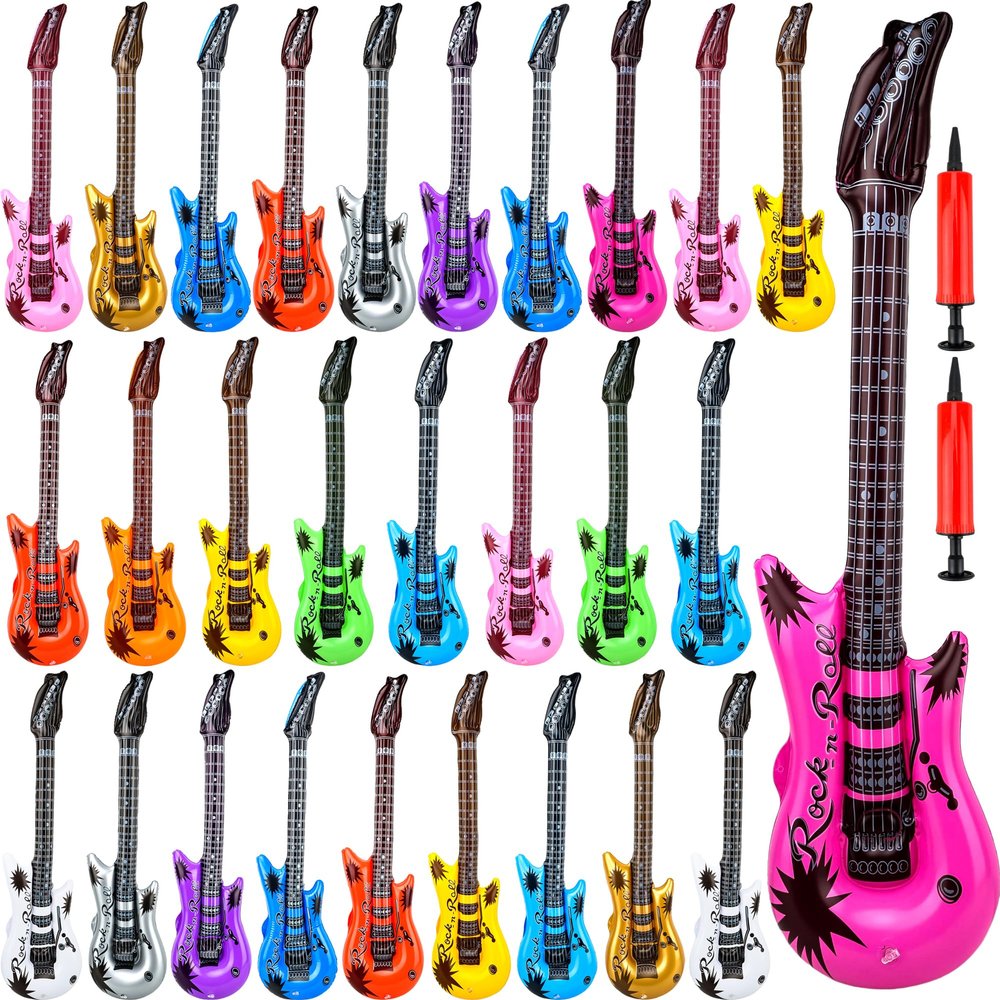 28 Pack Inflatable Guitar Blow up Guitar Bulk Inflatable Fake Party Guitar Prop Inflatable Rock Star Guitars for 80s 90s Themed Carnival Birthday Party Favor, 12 Colors