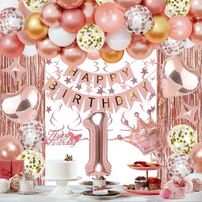 NANINUNENO 1st Rose Gold Birthday Party Decorations for Baby Girls, Rose Gold Happy Birthday Banner, Fringe Curtains, Heart Foil Balloons, Crown Balloons for Girls' First Birthday Decorations