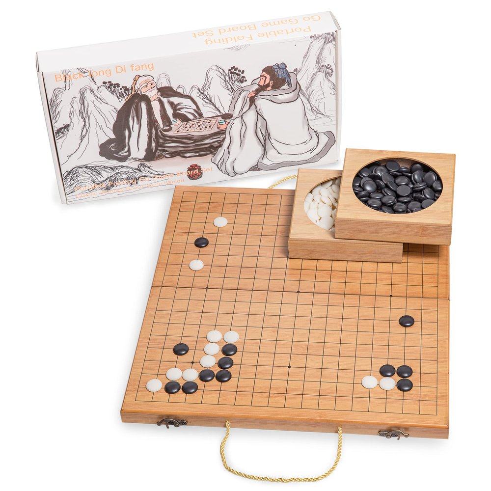 19 x19 Folding Go Game Set Board with and Bamboo Bowls and Imitation Jade Go Pieces