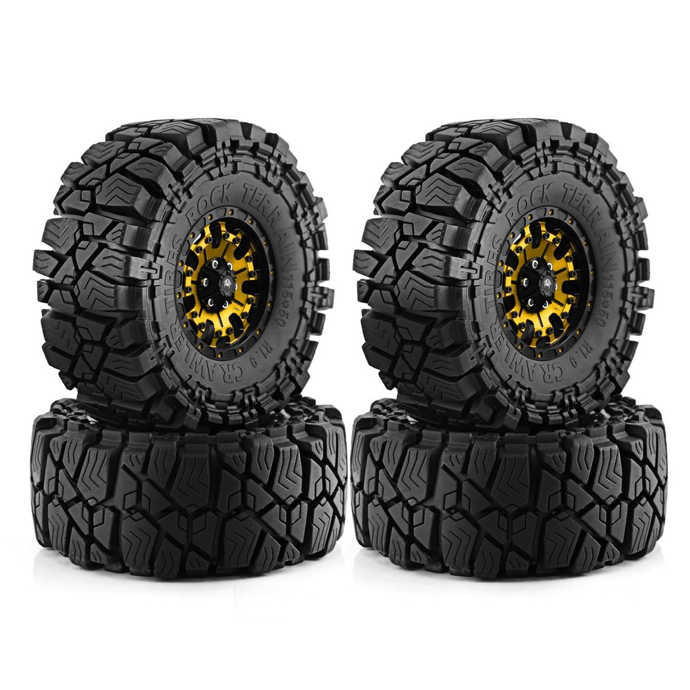 1.9 beadlock Wheels and Tires Set Rubber 1.9 Crawler Tires and Aluminum Alloy Wheels1.9 Tires for 1/10 RC Crawler Car Axial SCX10 90046 SCX10 III Traxxas TRX4 TRX6 Tamiya CC01 D904pcs (Golden)