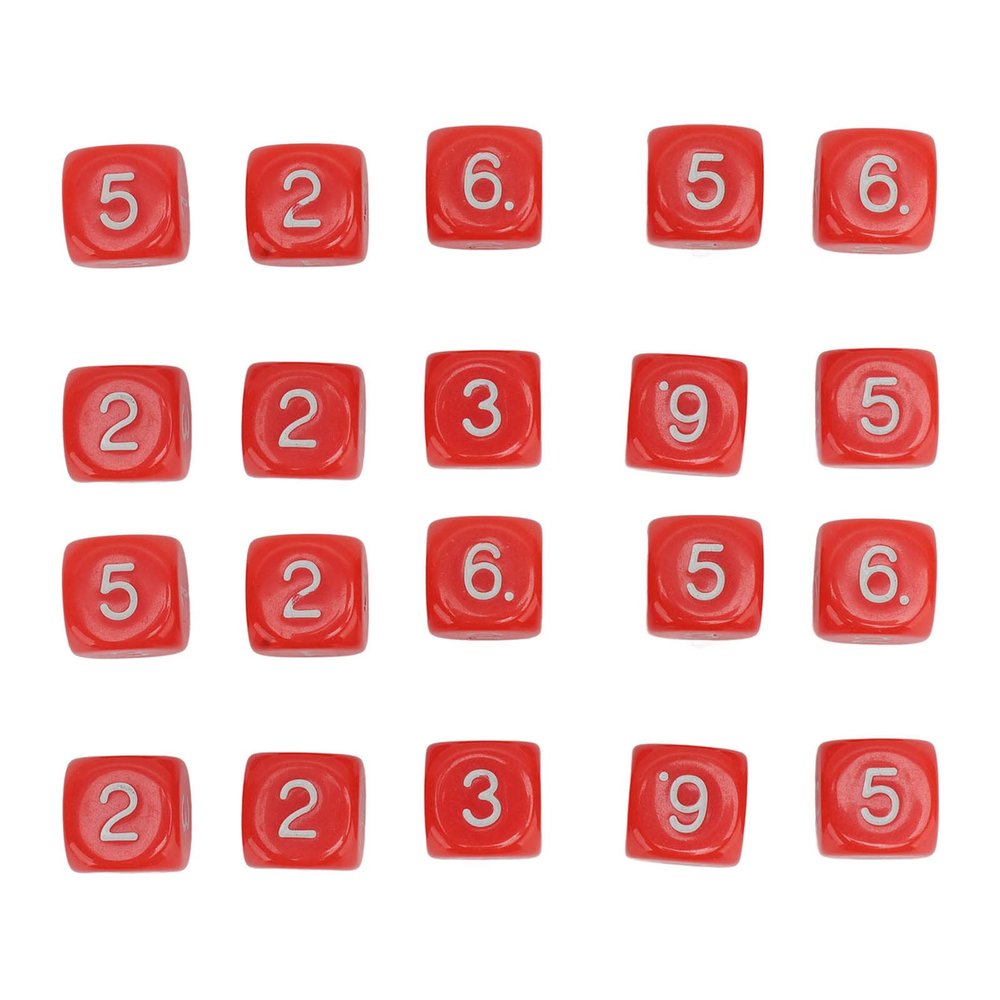 6 Sided Polyhedral Set - A Set of 20PCS 6-Sided Number Made of Plastic. Each Measures 16mm and Has A Round Corner. Ideal for Numeral Teaching and Board Games. (Red)