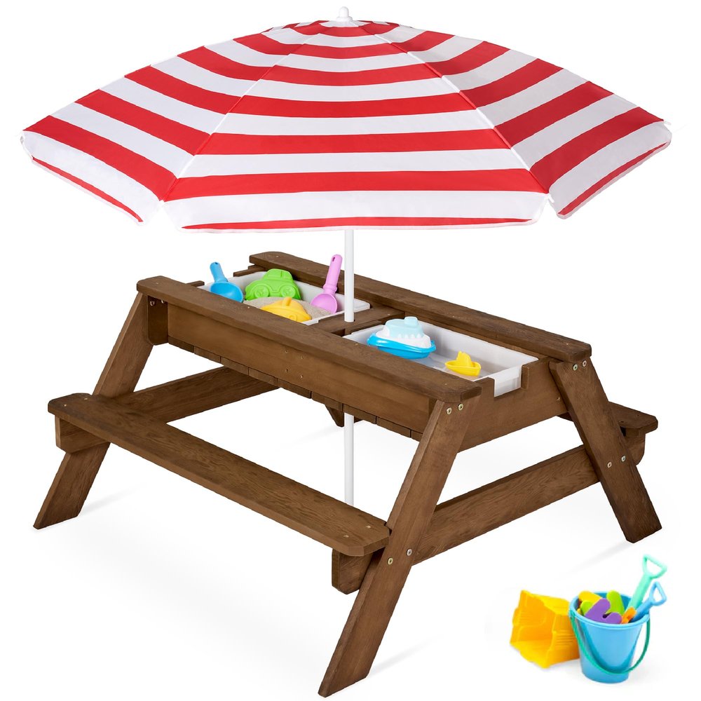 Best Choice Products Kids 3-in-1 Sand & Water Table, Wood Outdoor Convertible Picnic Table w/Umbrella, 2 Trays, Removable Top, 220lb Capacity Per Bench -Walnut/Red