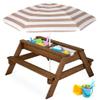 Best Choice Products Kids 3-in-1 Sand & Water Table, Wood Outdoor Convertible Picnic Table w/Umbrella, 2 Trays, Removable Top, 220lb Capacity Per Bench -Walnut/Beige view 1