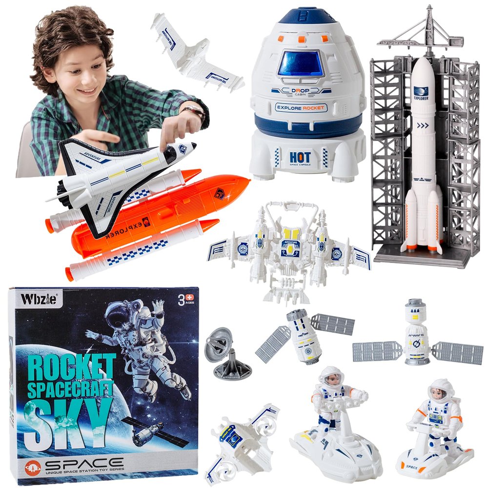 Wbzle Space Toys for Kids, Space Capsule Toys Set with Light and Sound, Space Shuttle Rocket Toy for Kids 3-5, Stem Toy with Aircraft, Space Rover, Astronauts, Satellites, Signal Receiver