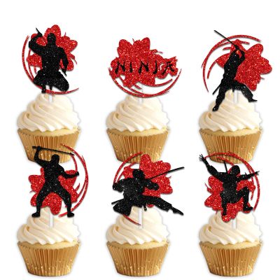 18pcs Black Silhouette Glitter Ninja Dessert Cupcake Topper Warrior Kendo Fitness Sports Theme Decor Supplies Men Boys Happy Birthday Anniversary Party Decorations