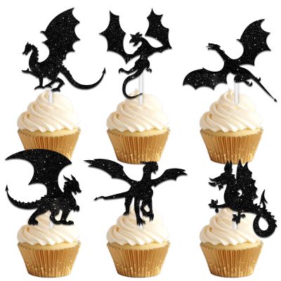 18pcs Black Silhouette Glitter Dragon Dessert Cupcake Topper Pick for Dragons Game Theme Men Boys Happy Birthday Party Decor Supplies Decorations