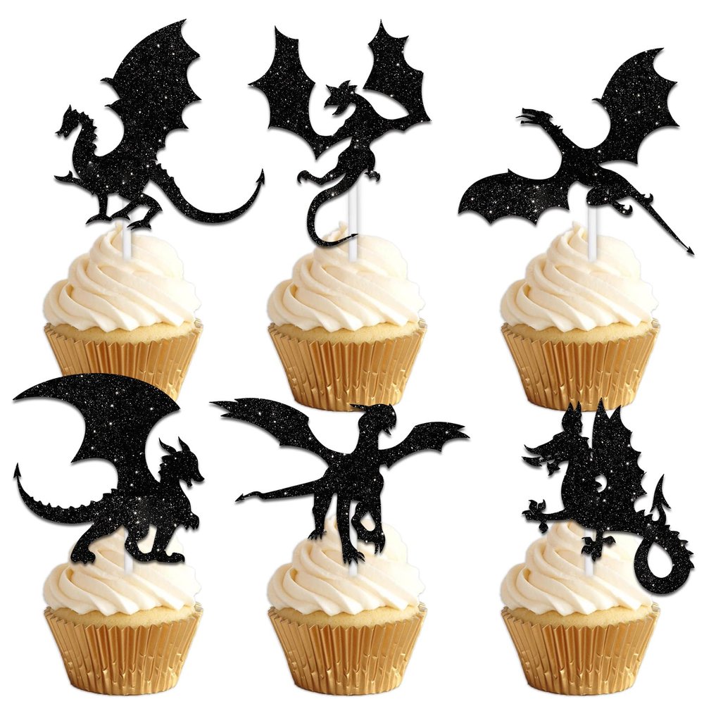 18pcs Black Silhouette Glitter Dragon Dessert Cupcake Topper Pick for Dragons Game Theme Men Boys Happy Birthday Party Decor Supplies Decorations