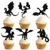 18pcs Black Silhouette Glitter Dragon Dessert Cupcake Topper Pick for Dragons Game Theme Men Boys Happy Birthday Party Decor Supplies Decorations view 1