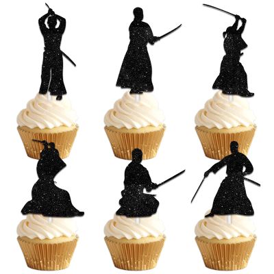 18pcs Black Silhouette Glitter Warrior Dessert Cupcake Topper Kendo Fitness Sports Theme Decor Supplies Men Boys Happy Birthday Anniversary Party Decorations