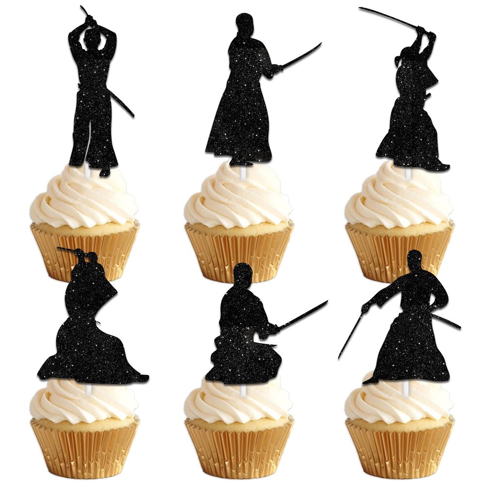 18pcs Black Silhouette Glitter Warrior Dessert Cupcake Topper Kendo Fitness Sports Theme Decor Supplies Men Boys Happy Birthday Anniversary Party Decorations
