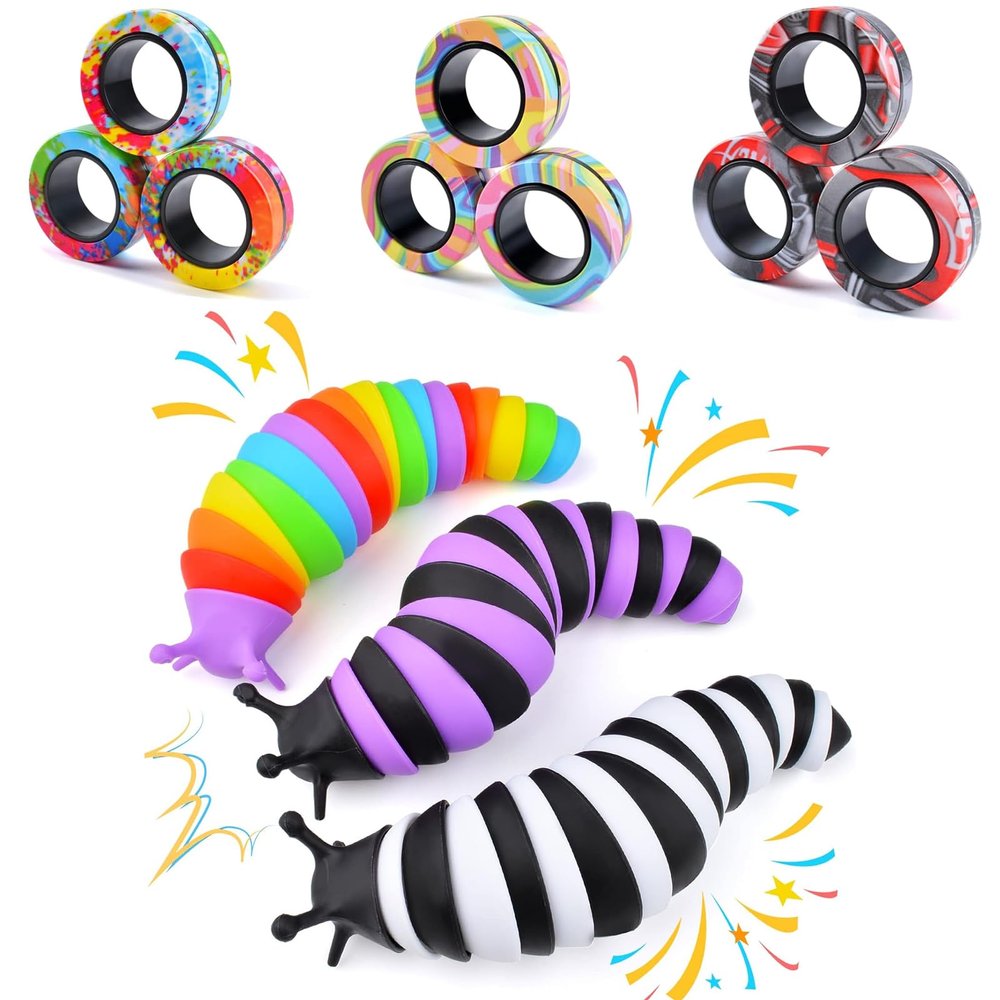 Cevioce Magnetic Rings Fidget Set & Sensory Slug Fidget Toy, ADHD & Anxiety Relief Toys for Kids with Autism