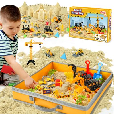 Billeeit Sand Construction Kit with Big Foldable Sandbox and 2.2lbs Moldable Sensory Play Sand, Truck Toys Including Castle Molds and Other Accessories - 36Pc Set for Kids 3+