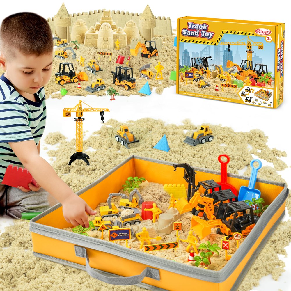 Billeeit Sand Construction Kit with Big Foldable Sandbox and 2.2lbs Moldable Sensory Play Sand, Truck Toys Including Castle Molds and Other Accessories - 36Pc Set for Kids 3+