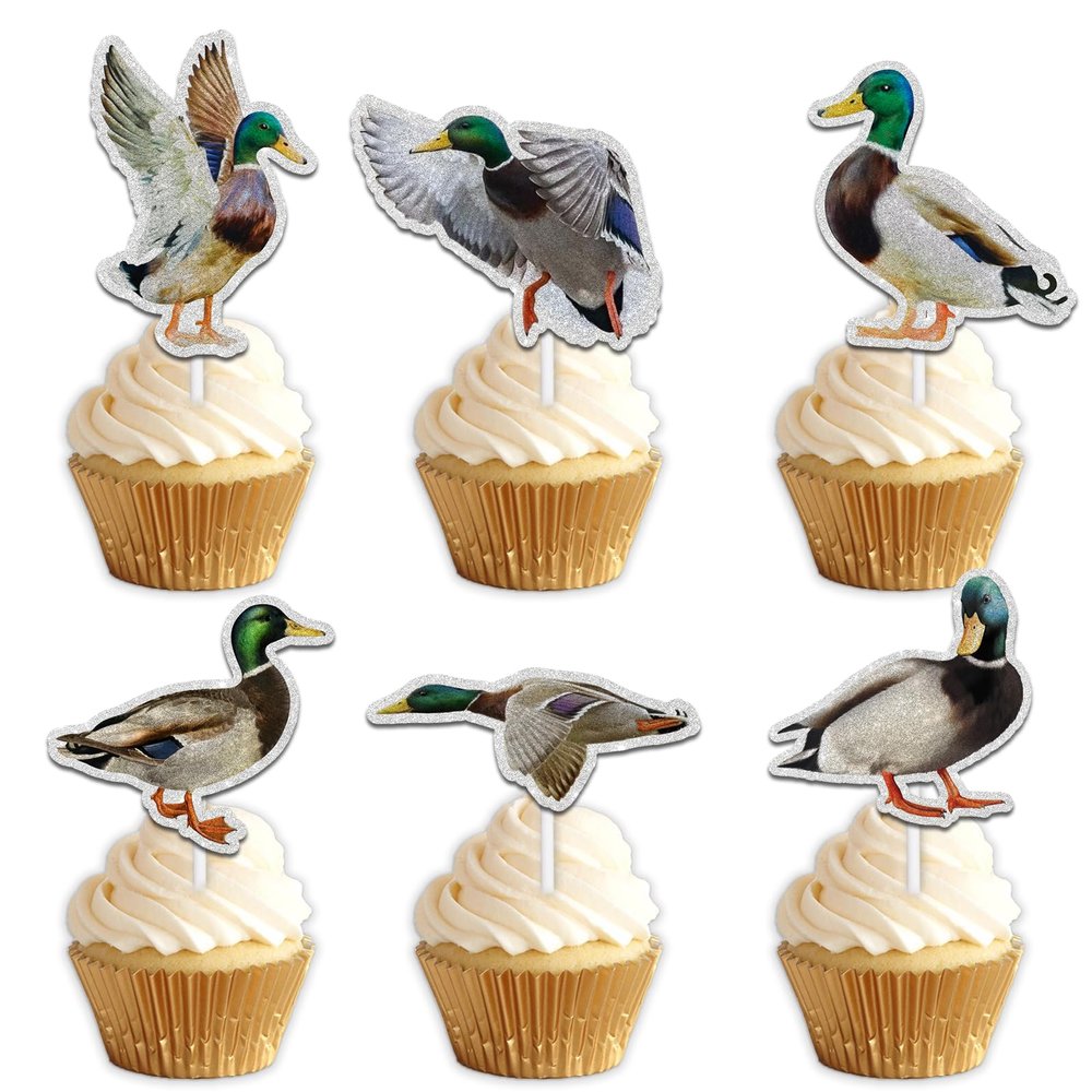 18pcs Glitter Hunting Duck Mallard Dessert Cupcake Topper Pick for Wild Animal Theme Decor Supplies Baby Shower Boys Girls Happy Birthday Party Decorations