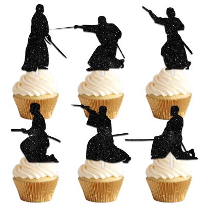 18pcs Black Silhouette Glitter Dessert Cupcake Topper Warrior Kendo Fitness Sports Theme Decor Supplies Men Boys Happy Birthday Anniversary Party Decorations