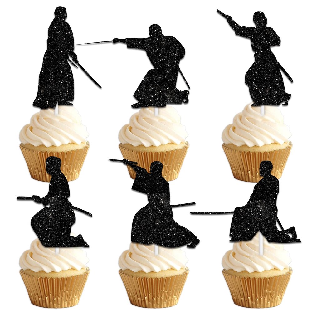 18pcs Black Silhouette Glitter Dessert Cupcake Topper Warrior Kendo Fitness Sports Theme Decor Supplies Men Boys Happy Birthday Anniversary Party Decorations