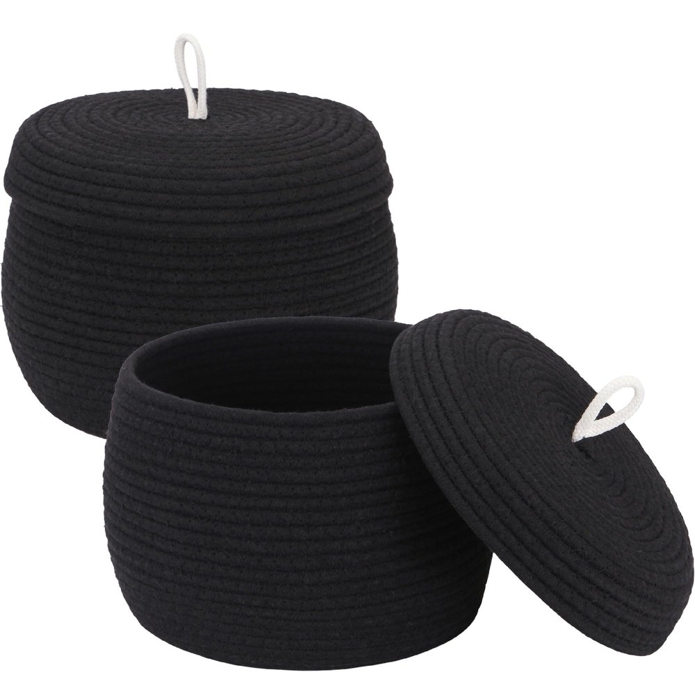 Sea Team Round Cotton Rope Storage Basket with Lid, Decorative Woven Storage Bin, Pot, Caddy, Organizer, Container for Snacks, Towels, Plants (Black, Small/2-Pack)
