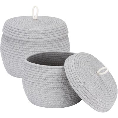 Sea Team Round Cotton Rope Storage Basket with Lid, Decorative Woven Storage Bin, Pot, Caddy, Organizer, Container for Snacks, Towels, Plants (Grey, Small/2-Pack)