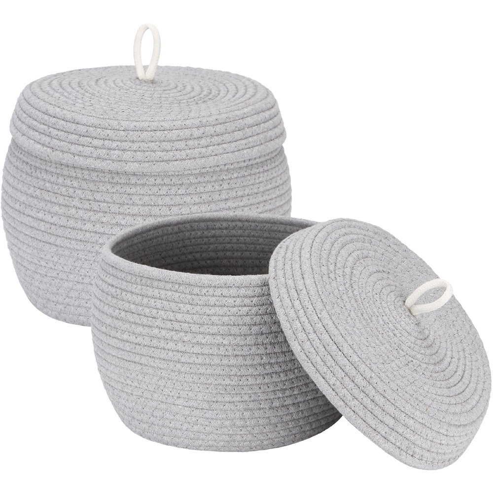 Sea Team Round Cotton Rope Storage Basket with Lid, Decorative Woven Storage Bin, Pot, Caddy, Organizer, Container for Snacks, Towels, Plants (Grey, Small/2-Pack)