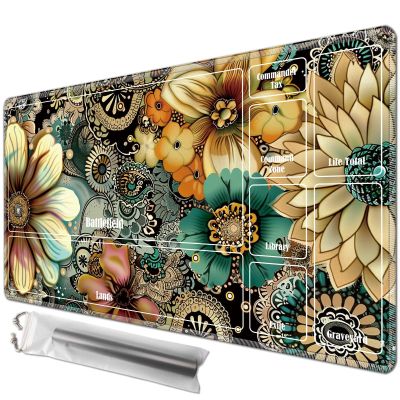JANENFNA TCG Playmat with Card Zones 24 x 14in with Free Storage Bags Mousepad Compatible for MTG Trading Card Game Play Mats Smooth Rubber Surface Board Game Mat, Various Flowers Paisley