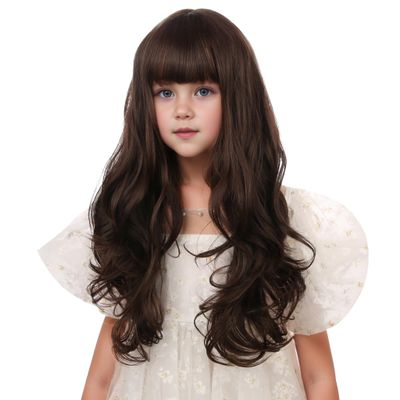 Edivd Kids Mixed Brown Wig Long Dark Brown Wig with Flat Bangs for Child Girls Long Brown Wavy Curly Wigs Heat Resistant Synthetic Wigs with Cap
