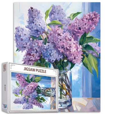 1000 Piece Jigsaw Puzzles for Adults, Purple Lilac in a Glass Vase Jigsaw PuzzlesBlue Flowers with Green Leaves PuzzleChallenging Family Activity Perfect for Game NightsFloral Puzzle Wall Art Decor
