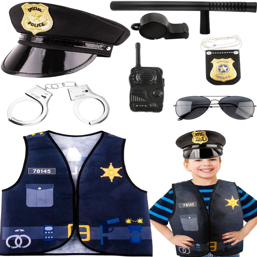 8 Pcs Kids Police Costume Set Police Vest Hat Prop Toys Police Officer Dress Up for Boys Police Career Day Halloween Party