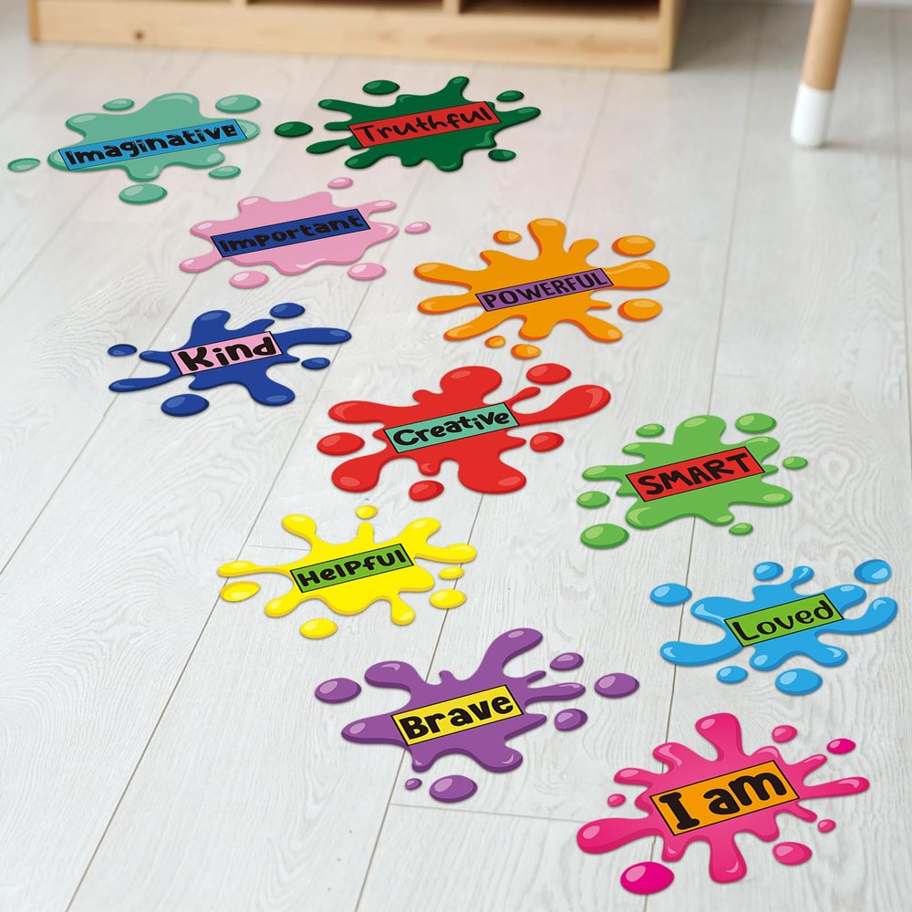11 Sheets Inspirational Quotes Floor Decals,Ink Splatter Splotches Wallpaper Motivational Hopscotch Game Stickers Positive Saying Wall Decals for Classroom School Kindergarten Bedroom Nursery Floor