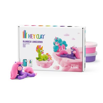 HEY CLAY Colorful Modeling Air Dry Clay for Kids 6 cans with Fun Interactive Instructions App - Kids Activities Age 3+ (Rainbow Unicorns: Brighty, Cloudy, Sparky)