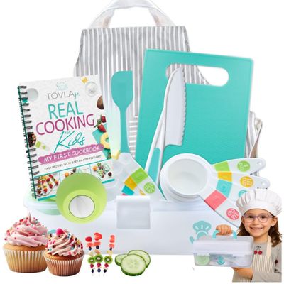 TOVLA JR. Kids Real Cooking Set | Cooking Tools for Kids Ages 512 | Montessori-Inspired Beginner Kitchen Kit with Visual Recipe Cookbook & Storage Case | Christmas & Birthday Gift for Boys & Girls
